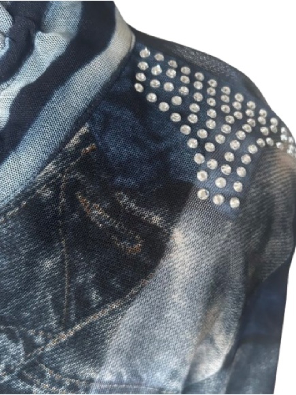 Y2K McBling Rhinestone Mesh Jacket Edgy Zip-up Faux Denim Printed Damee Size L - Picture 7 of 12